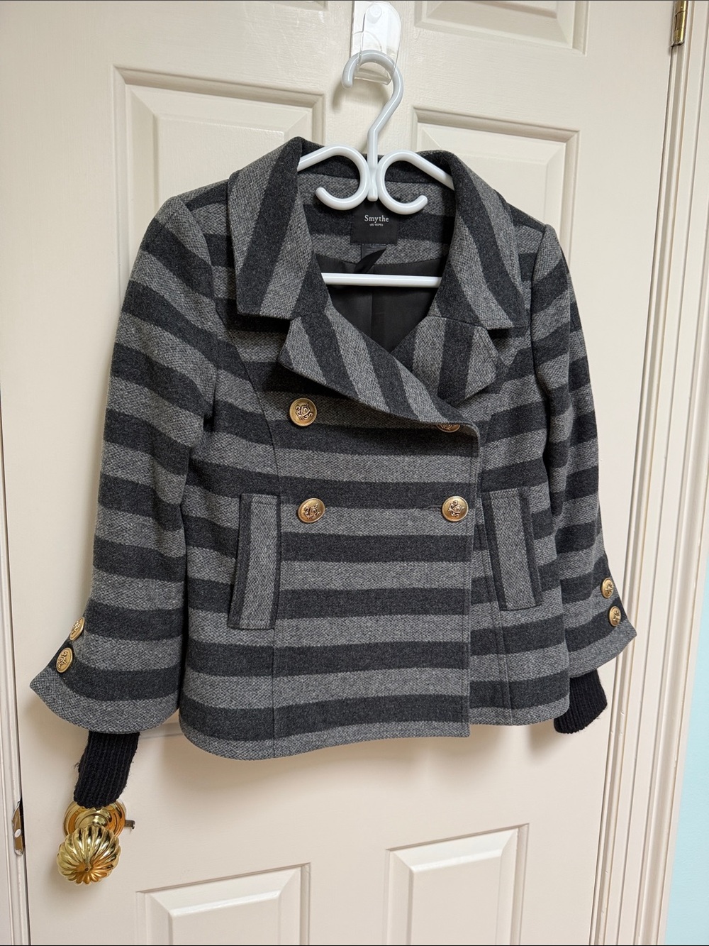 Smythe sz 6 Wool & Cashmere Gray Striped Double Breasted Coat Jacket - gorgeous!